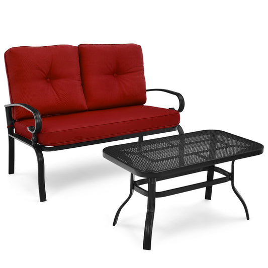 Costway 2 Pieces Outdoor Conversation Set with Ergonomic Backrest & Armrest for Balcony & Poolside Red