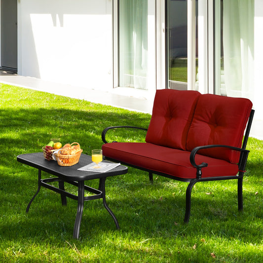 Costway 2 Pieces Outdoor Conversation Set with Ergonomic Backrest & Armrest for Balcony & Poolside Red