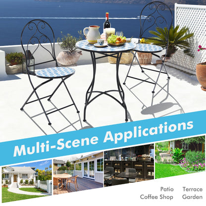 Floral mosaic patio furniture creates an elegant outdoor seating area for relaxing with family or friends