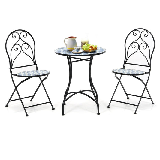 Outdoor conversation set features beautiful ceramic tile mosaic surfaces with an elegant floral pattern