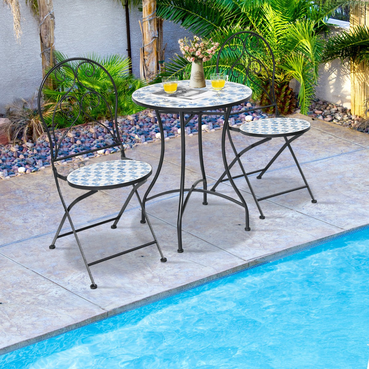 Costway 3-Piece Floral Bistro Set with Round Table and 2 Folding Chairs