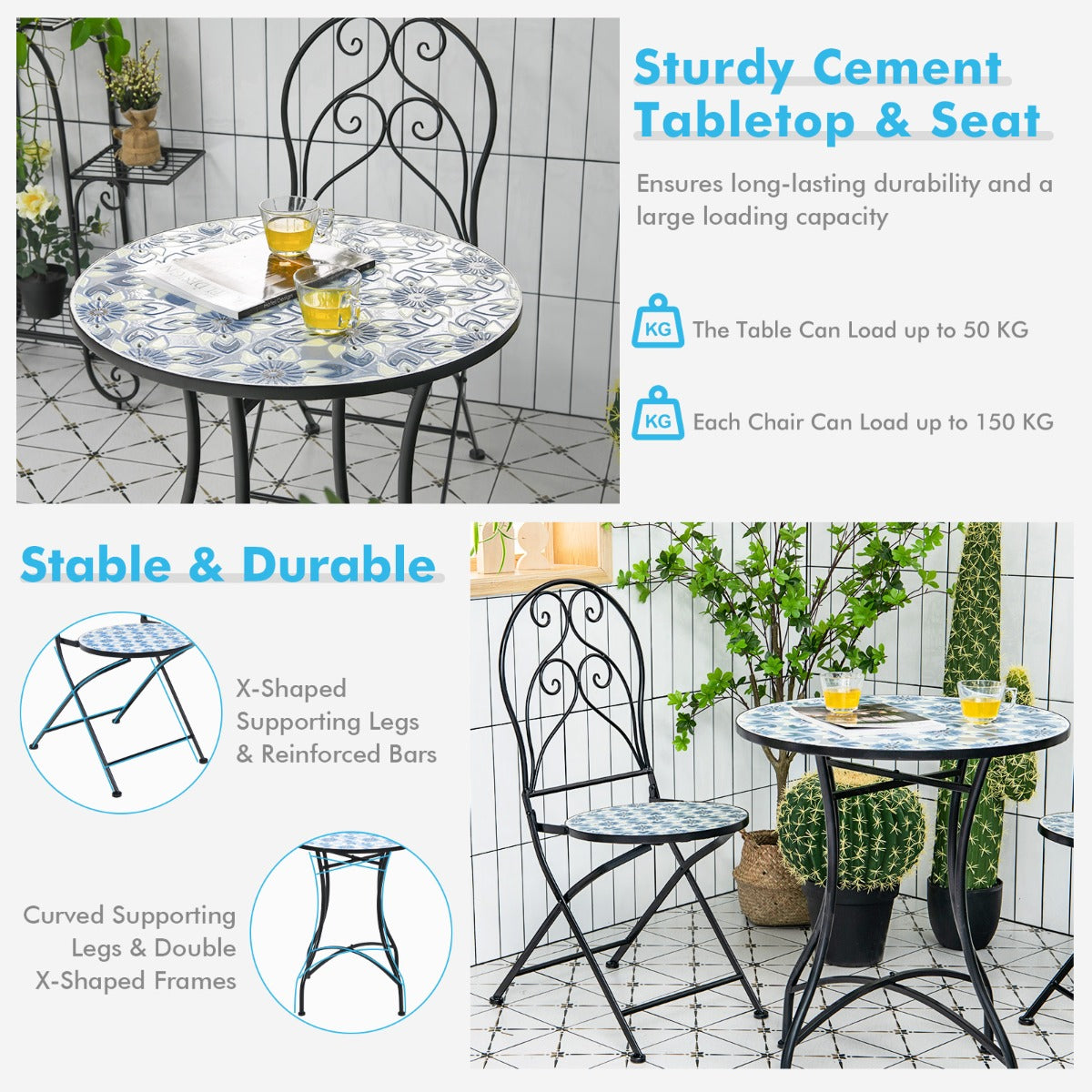 Costway 3-Piece Floral Bistro Set with Round Table and 2 Folding Chairs