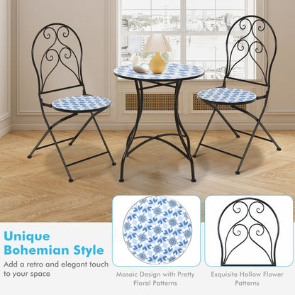 Folding patio chairs save space and make the bistro set easy to move and store between uses
