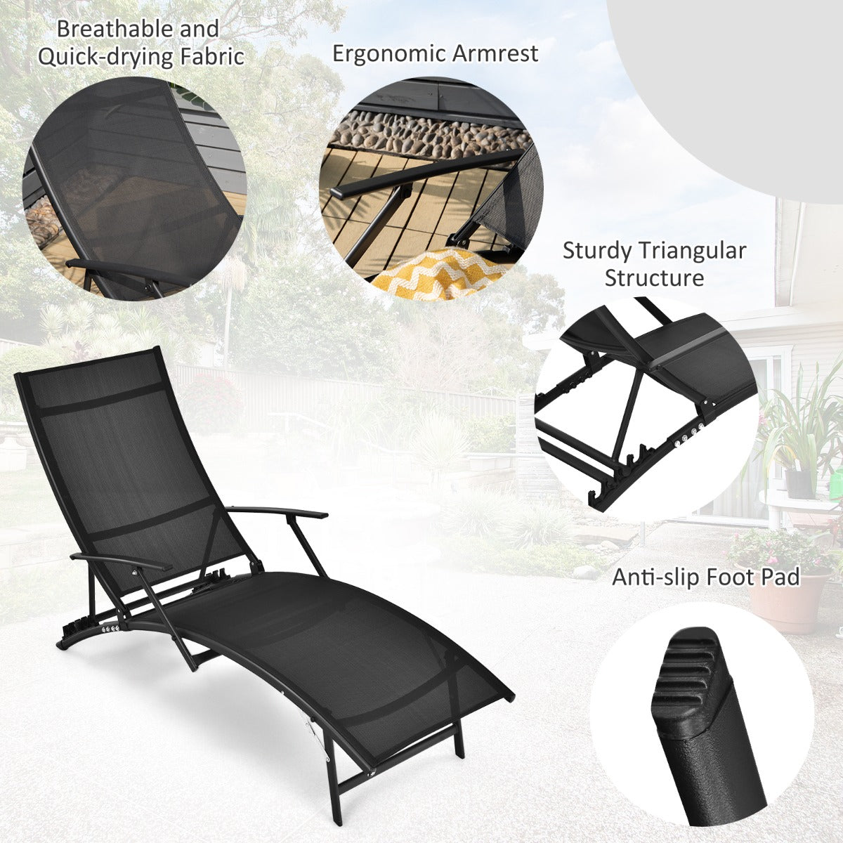 Triangular support structure and anti-slip feet improve stability on patios, pool decks, and backyard surfaces
