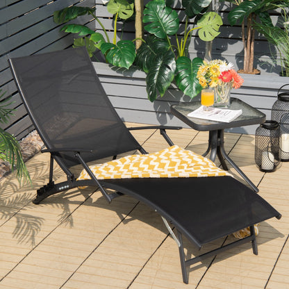 Foldable outdoor recliners stack together to save space when stored during colder months