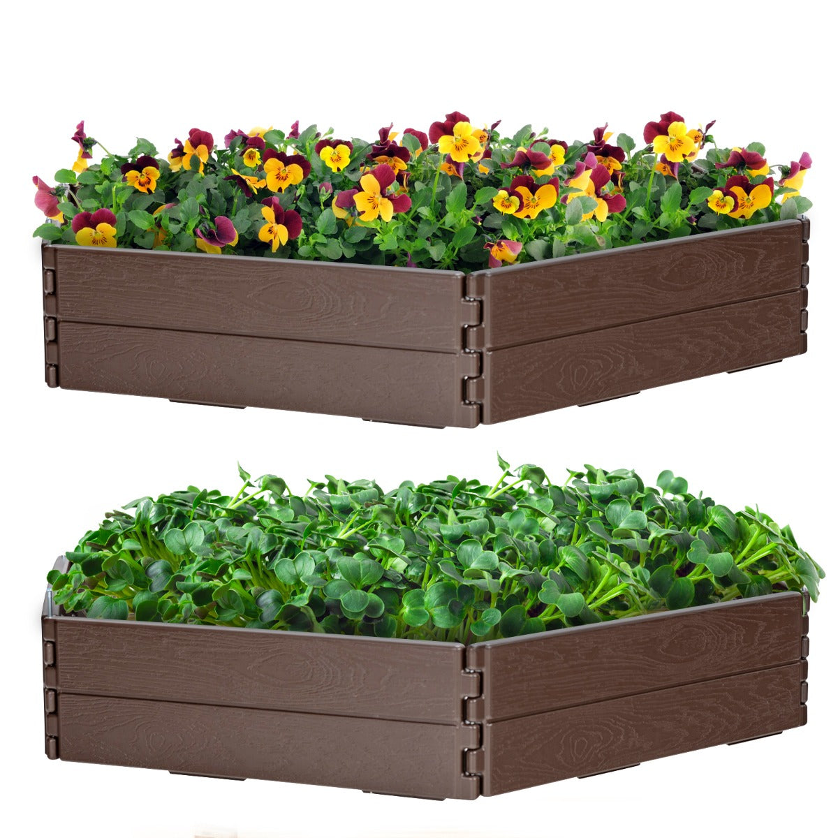Raised garden planter helps organize plants in patios, yards, greenhouses, and home gardens