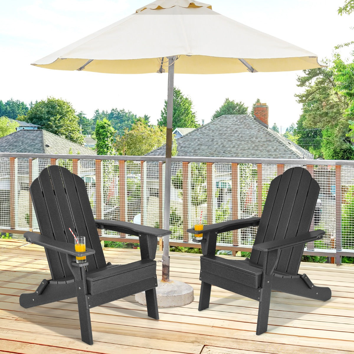 Costway Folding Adirondack Chair with Cup Holder for Outdoor-Black