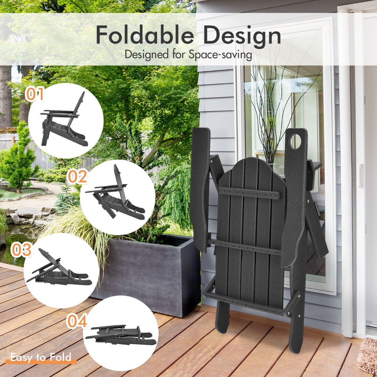 Costway Folding Adirondack Chair with Cup Holder for Outdoor-Black