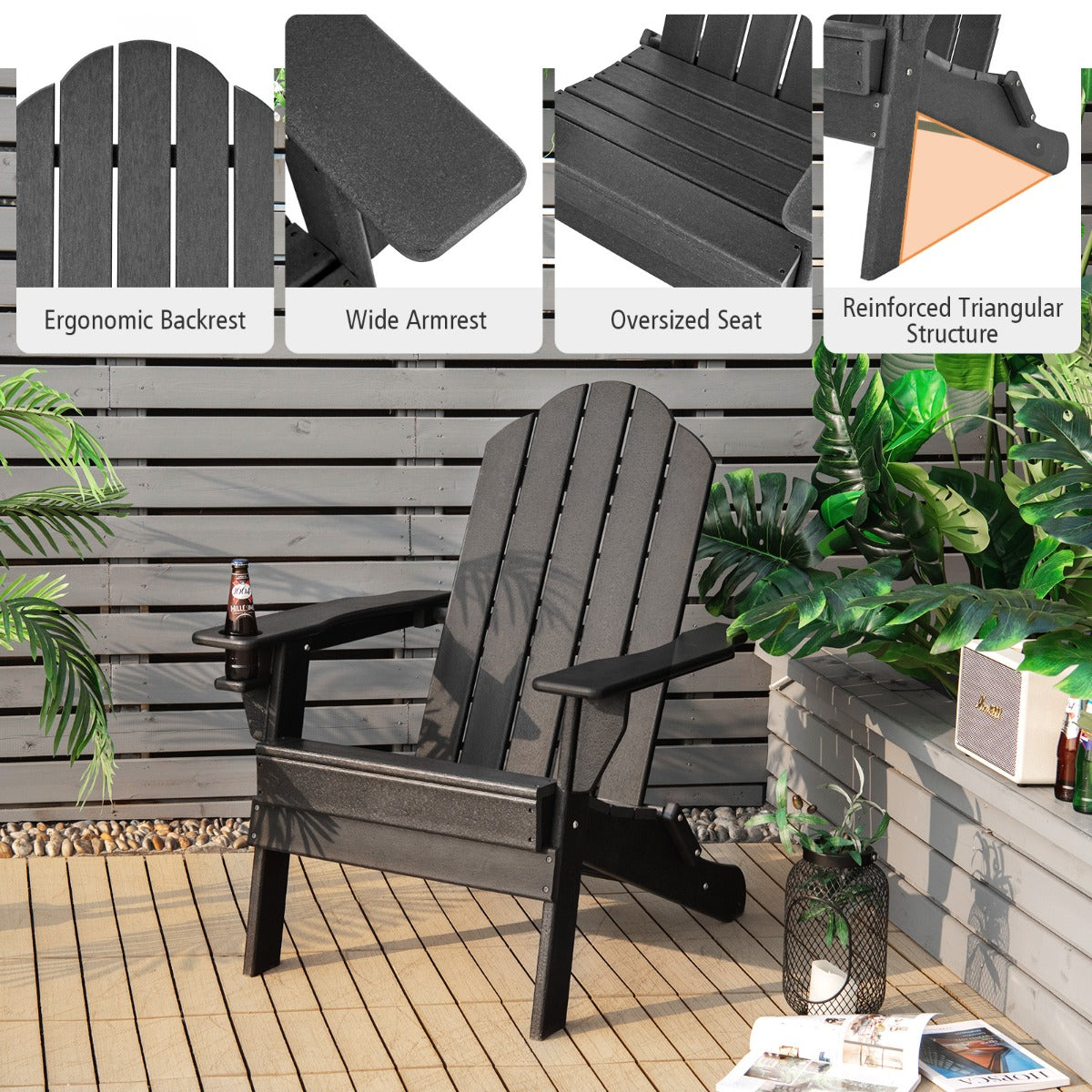 Costway Folding Adirondack Chair with Cup Holder for Outdoor-Black