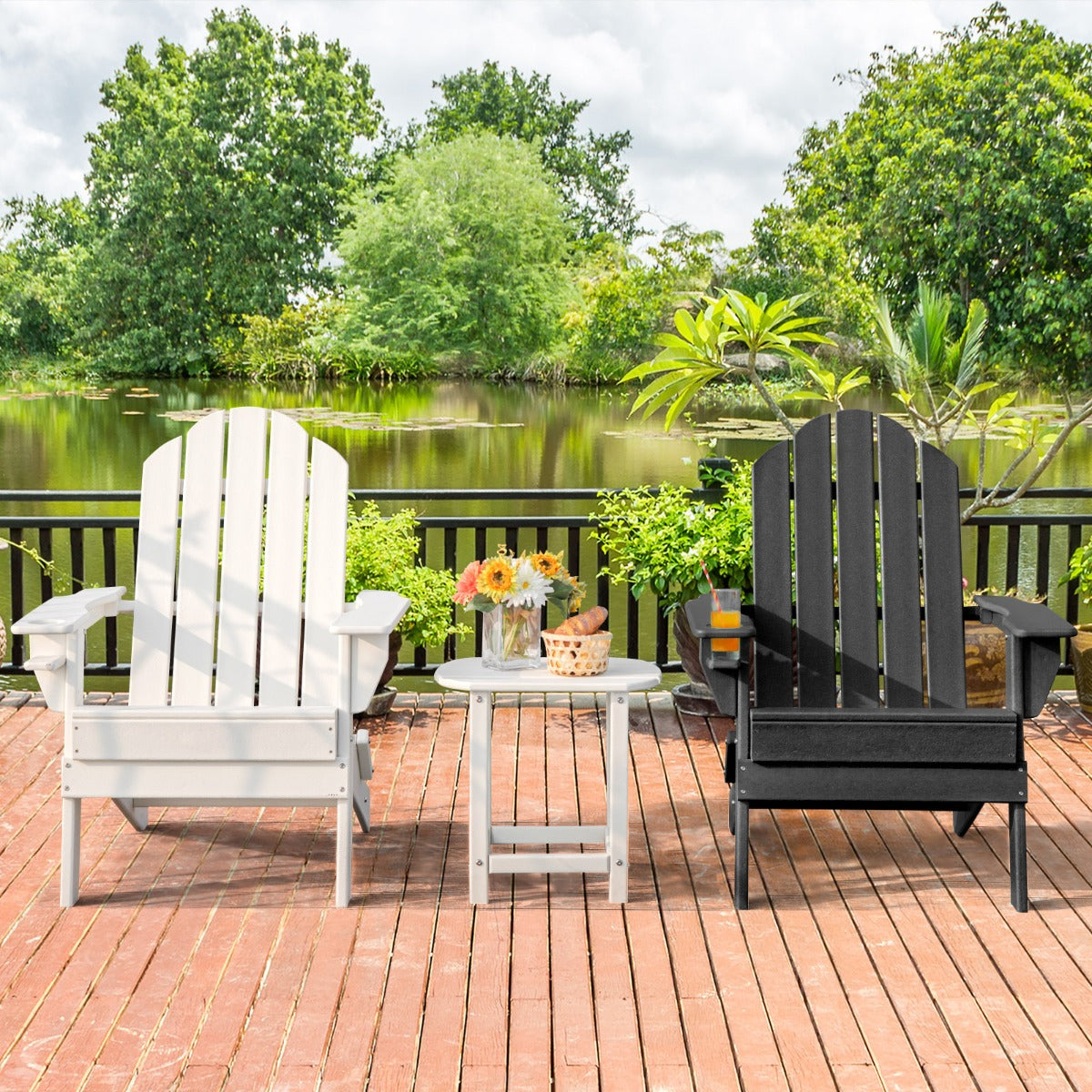 Costway Folding Adirondack Chair with Cup Holder for Outdoor-Black