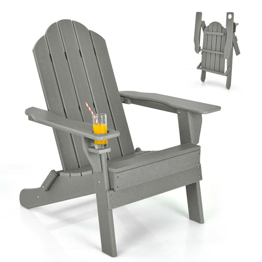 Costway Folding Adirondack Chair with Cup Holder for Outdoor-Grey