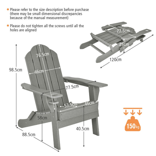Folding Adirondack chair with ergonomic backrest and wide armrests for outdoor relaxation