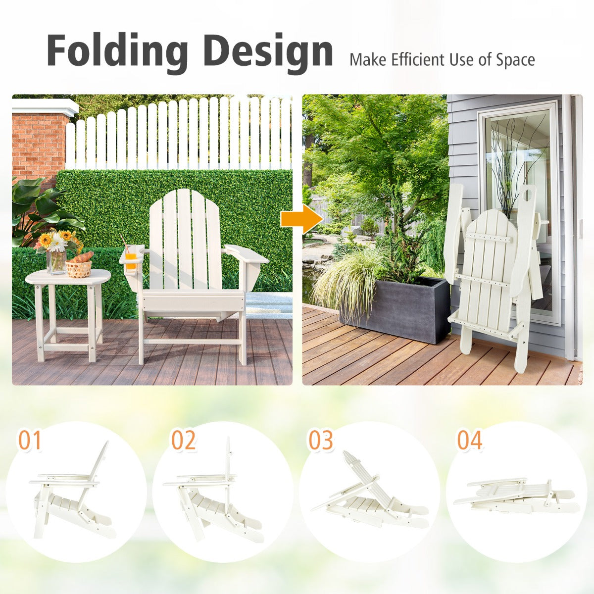 Folding Adirondack Chair with Cup Holder for Outdoor-White-2 pieces