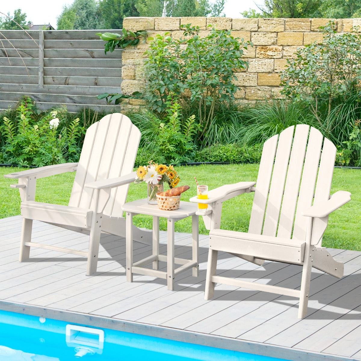 Folding Adirondack Chair with Cup Holder for Outdoor-White-2 pieces