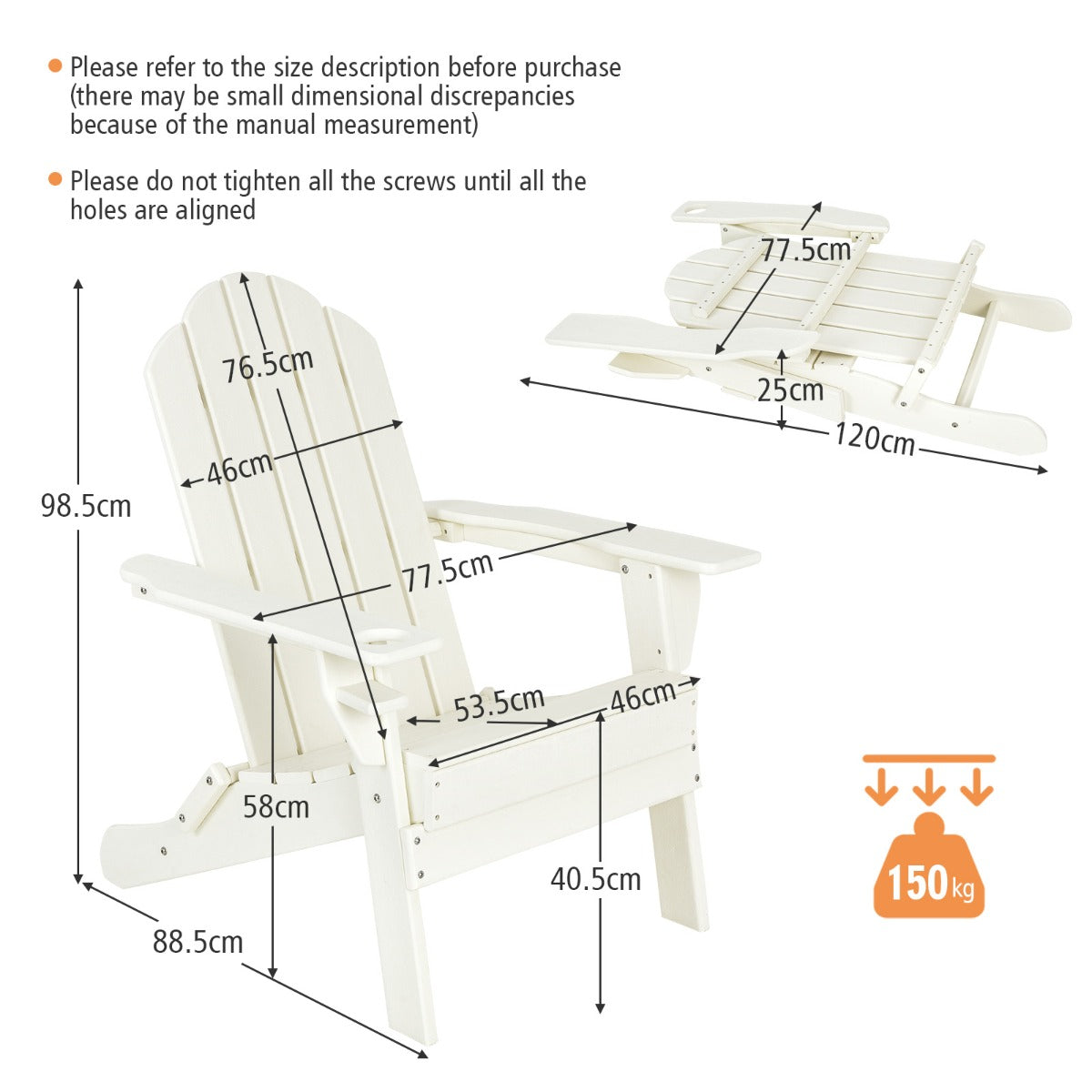 Folding Adirondack Chair with Cup Holder for Outdoor-White-2 pieces