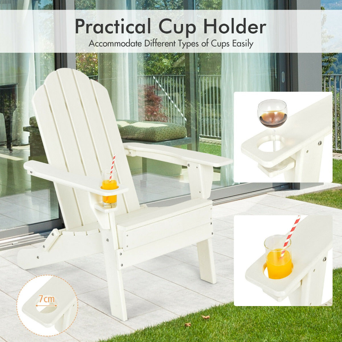Costway Folding Adirondack Chair with Cup Holder for Outdoor-white