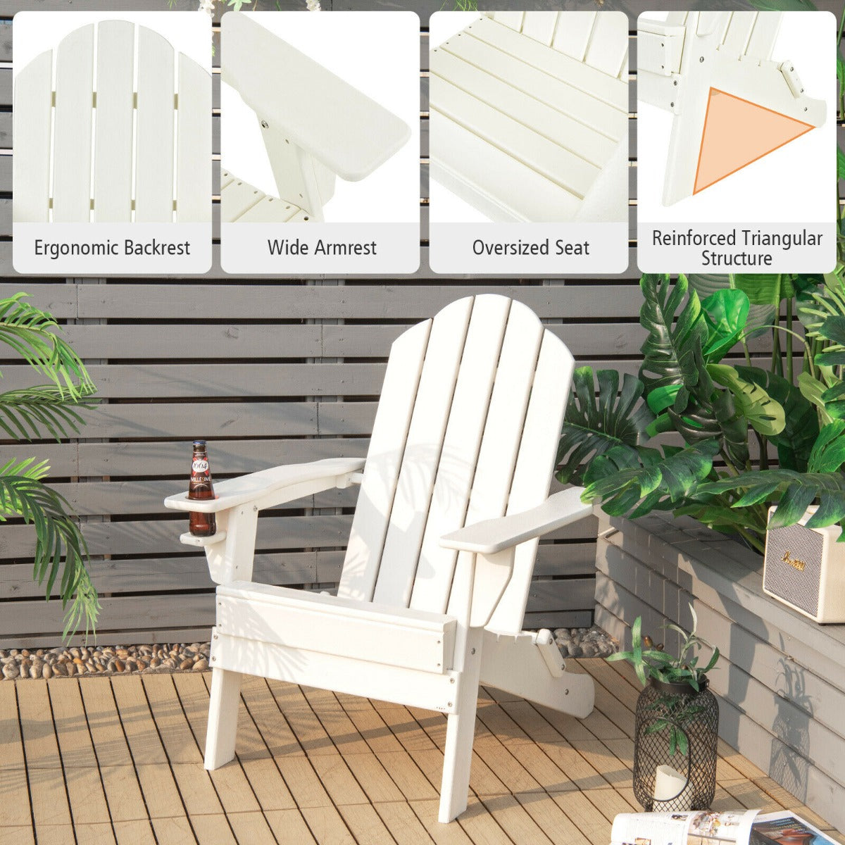 Costway Folding Adirondack Chair with Cup Holder for Outdoor-white
