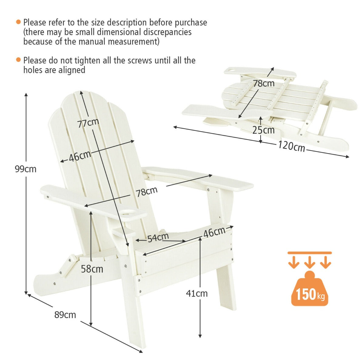 Costway Folding Adirondack Chair with Cup Holder for Outdoor-white