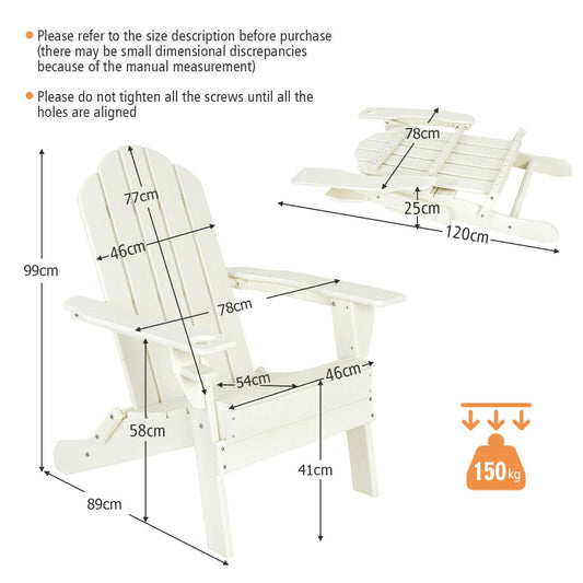 Weather-resistant PE folding Adirondack chair provides comfortable outdoor seating in every season