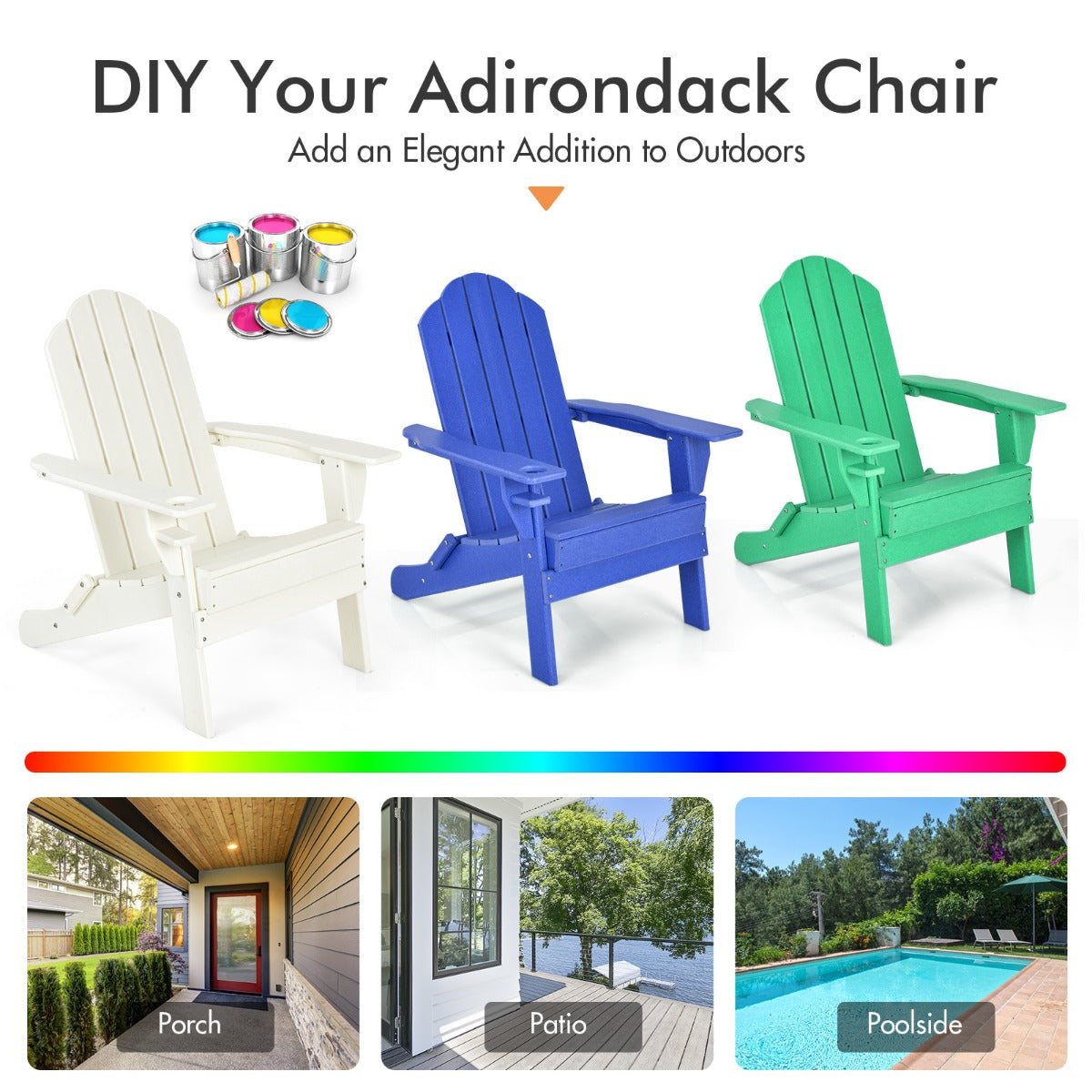 Costway Folding Adirondack Chair with Cup Holder for Outdoor-white
