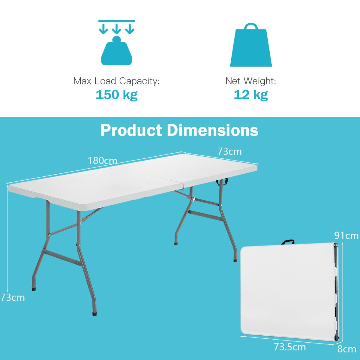 Costway 180cm Portable Folding Camping Table with 150kg Load Capacity