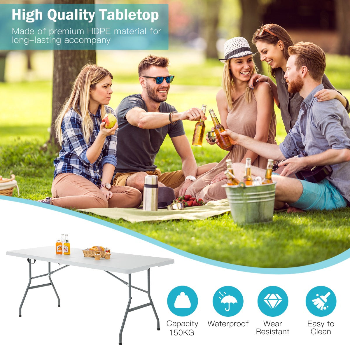 Costway 180cm Portable Folding Camping Table with 150kg Load Capacity