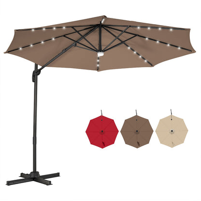 Costway 3m Patio Umbrella with 28 LED Lights for Beach and Poolside-Coffee