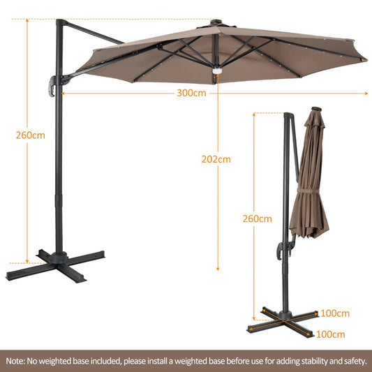 3-meter patio cantilever umbrella with 28 solar LED rib lights and a hub light for evening ambiance