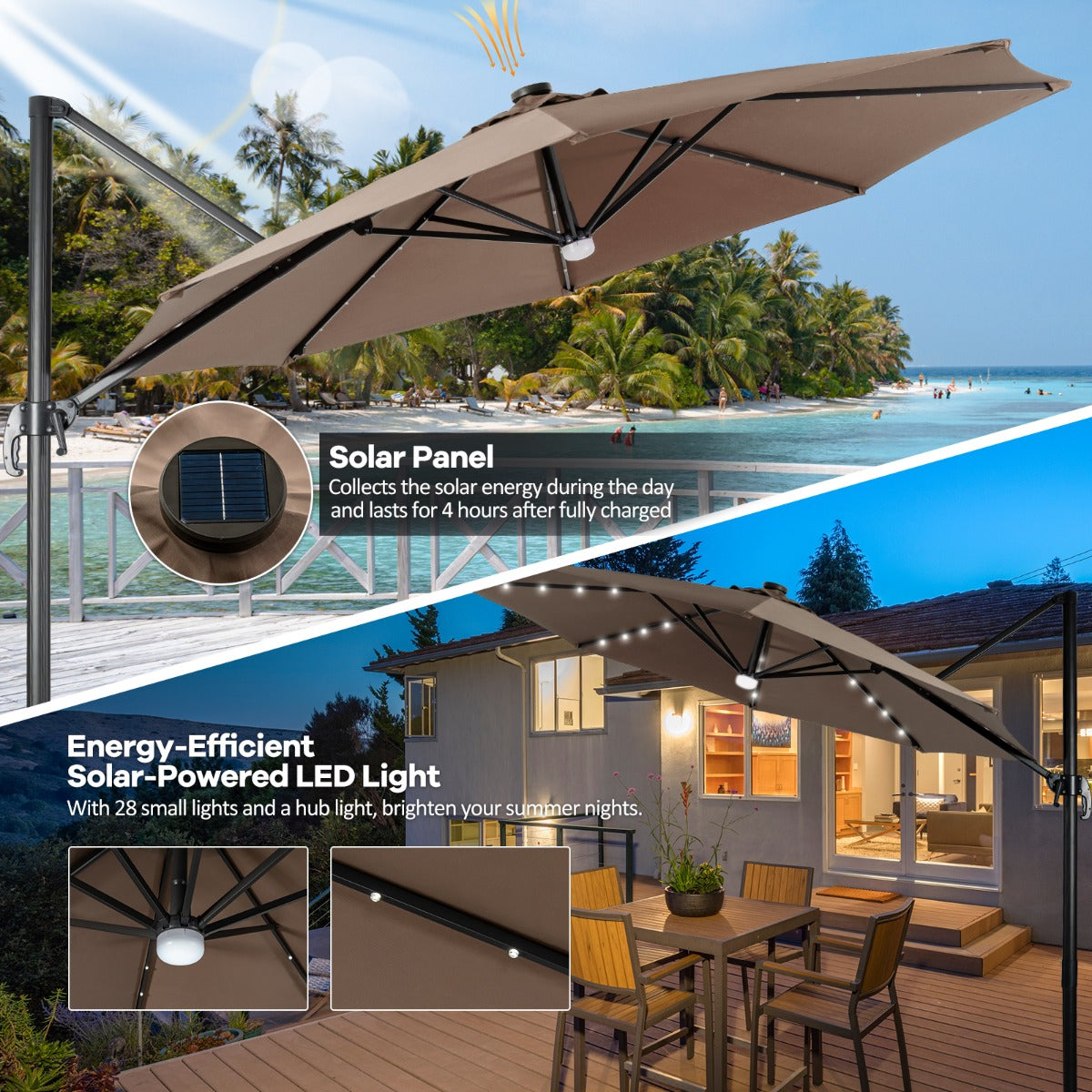Costway 3m Patio Umbrella with 28 LED Lights for Beach and Poolside-Coffee