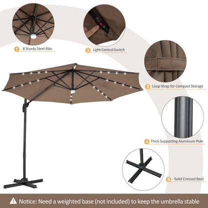 Costway 3m Patio Umbrella with 28 LED Lights for Beach and Poolside-Coffee