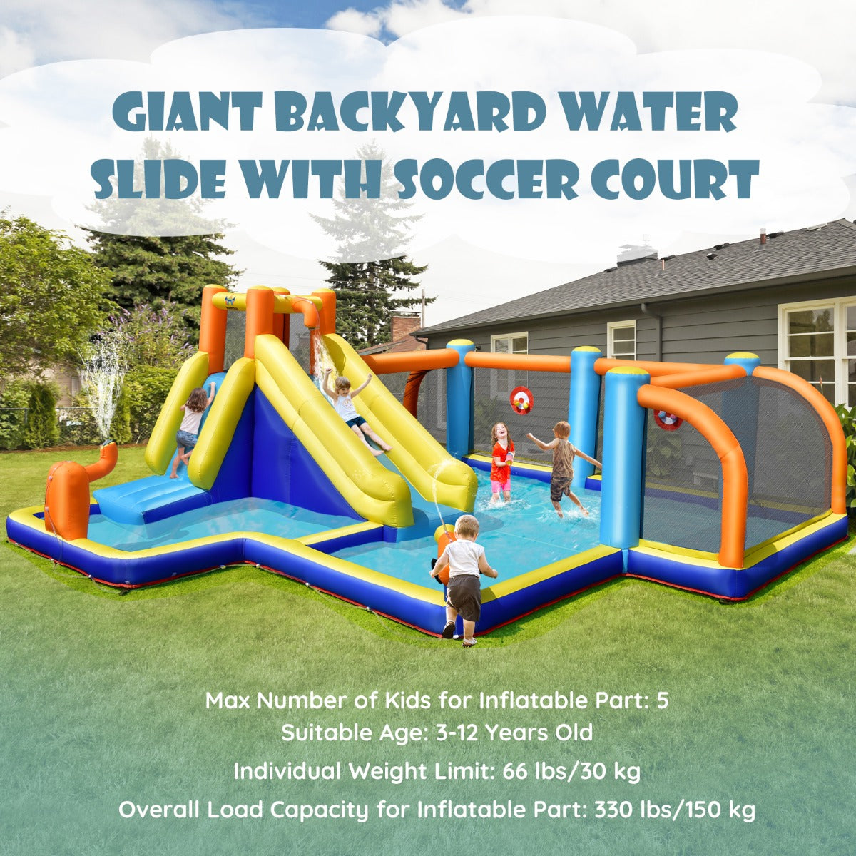Costway Soccer-Themed Inflatable Water Slide with Splash Pool (with 680W Blower)