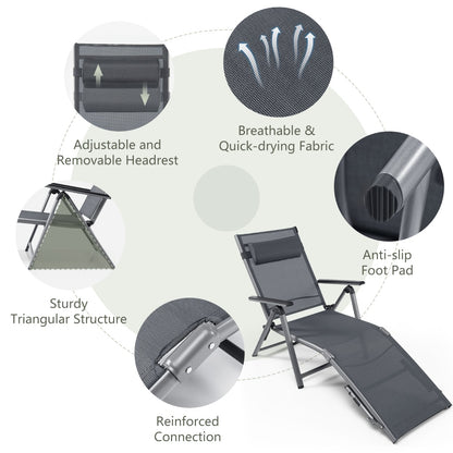 Outdoor Aluminum Chaise Lounge Chair with 8 Back and 2 Leg Adjustable Positions