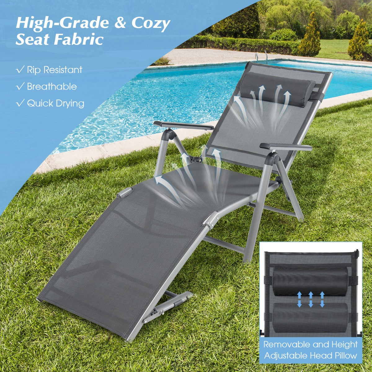 Outdoor Aluminum Chaise Lounge Chair with 8 Back and 2 Leg Adjustable Positions