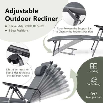 Outdoor Aluminum Chaise Lounge Chair with 8 Back and 2 Leg Adjustable Positions