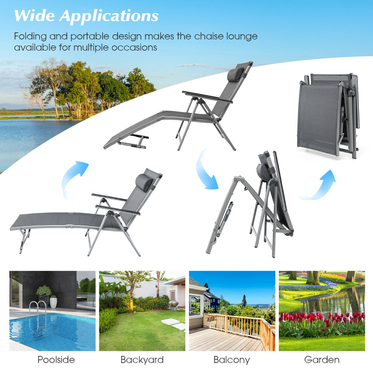 Outdoor Aluminum Chaise Lounge Chair with 8 Back and 2 Leg Adjustable Positions
