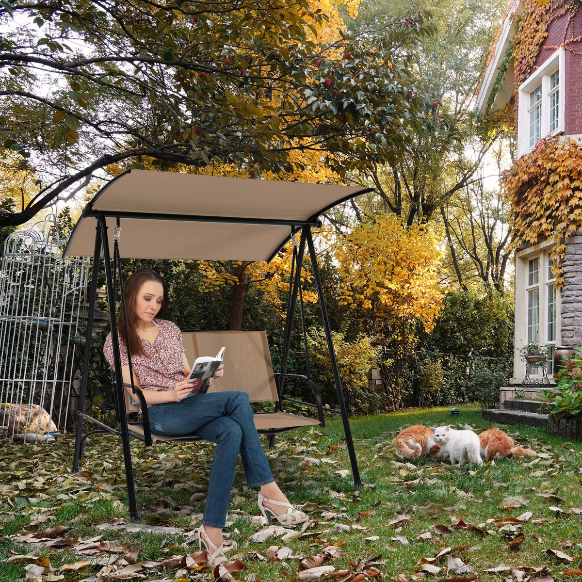 2-seat Outdoor Swing with Adjustable Canopy for Patio/Garden-Beige