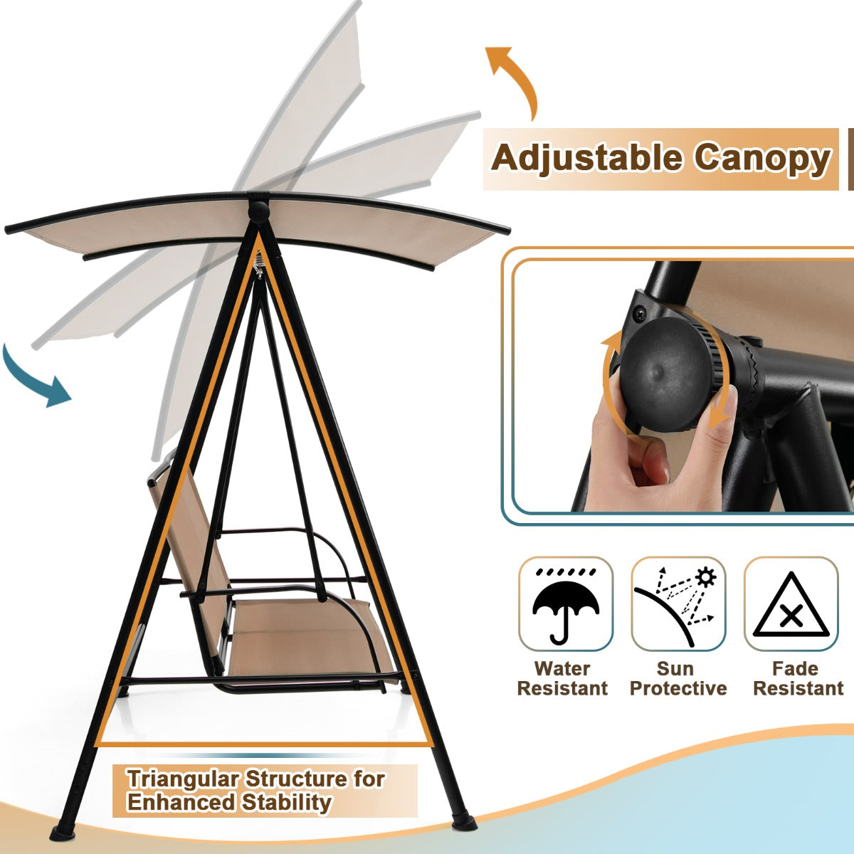 2-seat Outdoor Swing with Adjustable Canopy for Patio/Garden-Beige