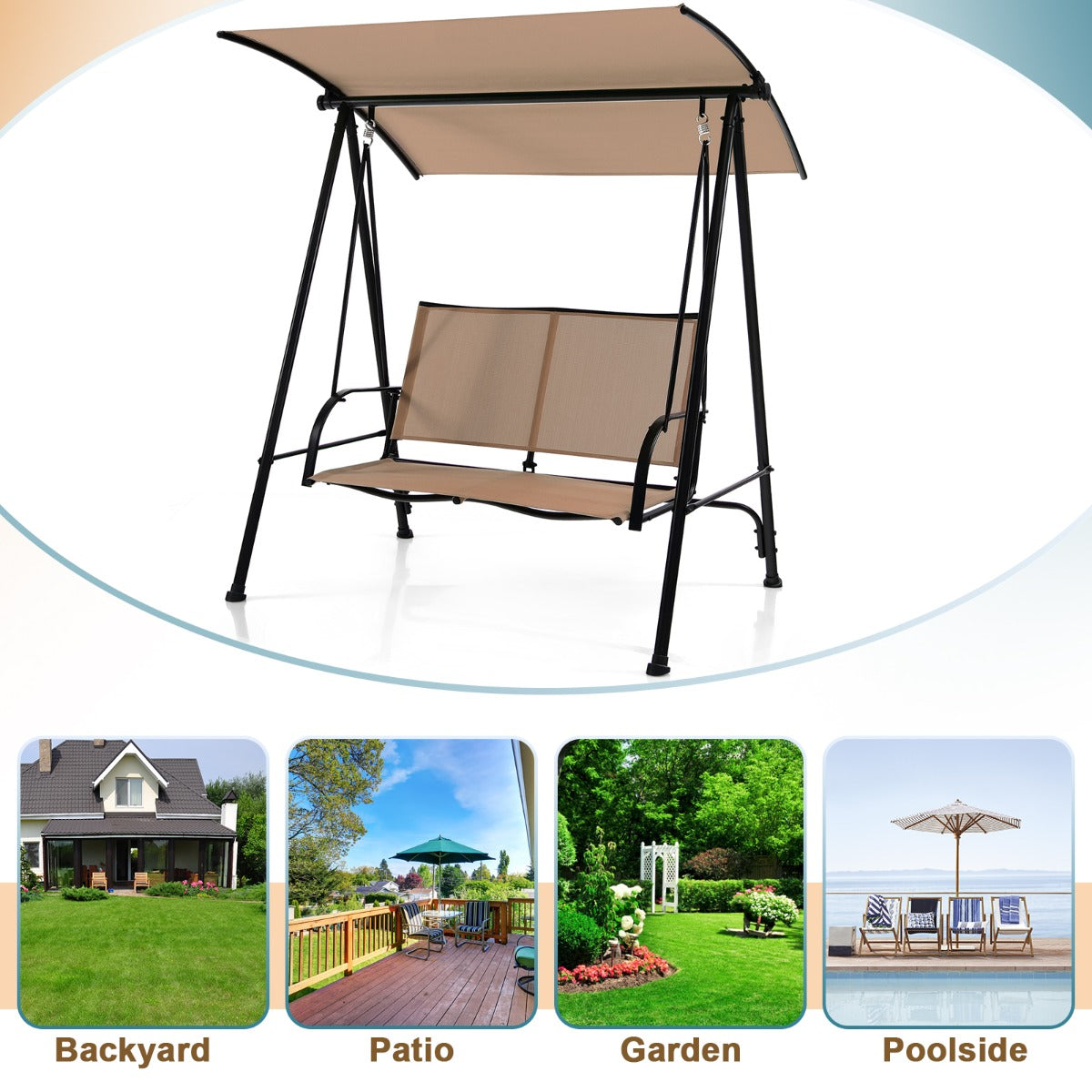 2-seat Outdoor Swing with Adjustable Canopy for Patio/Garden-Beige