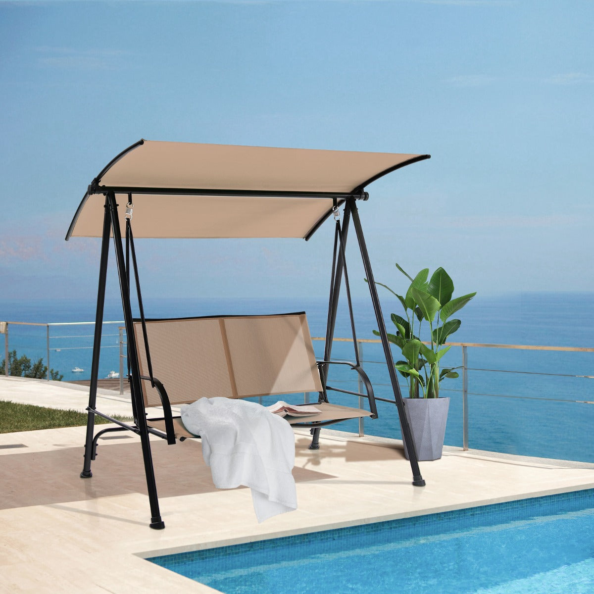 2-seat Outdoor Swing with Adjustable Canopy for Patio/Garden-Beige