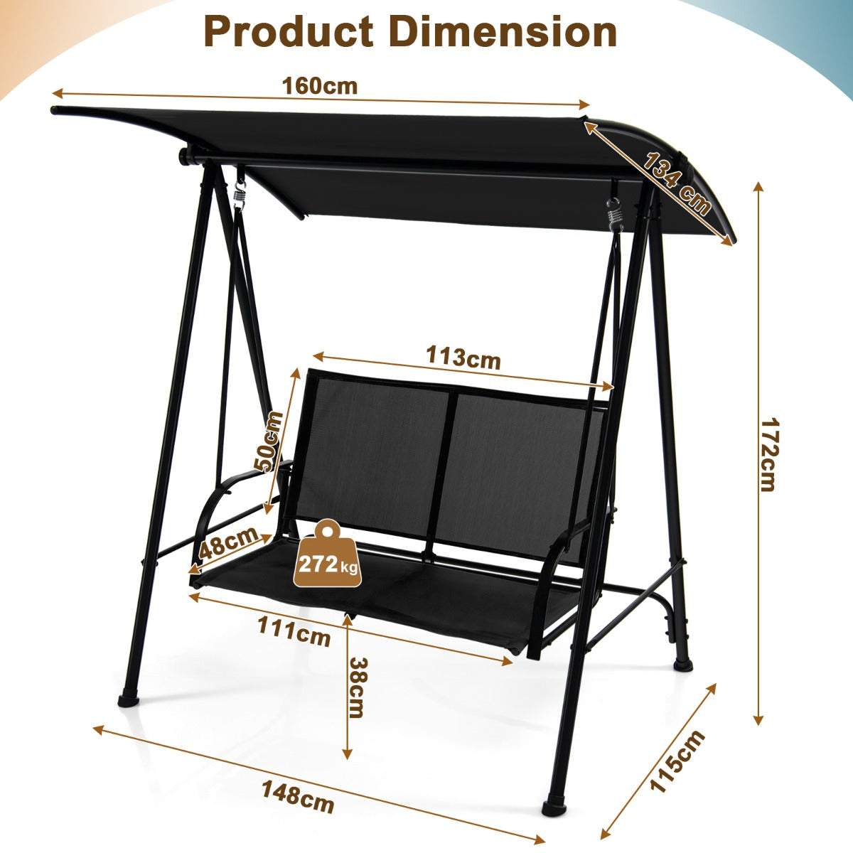 2-seat Outdoor Swing with Adjustable Canopy for Patio/Garden-Black