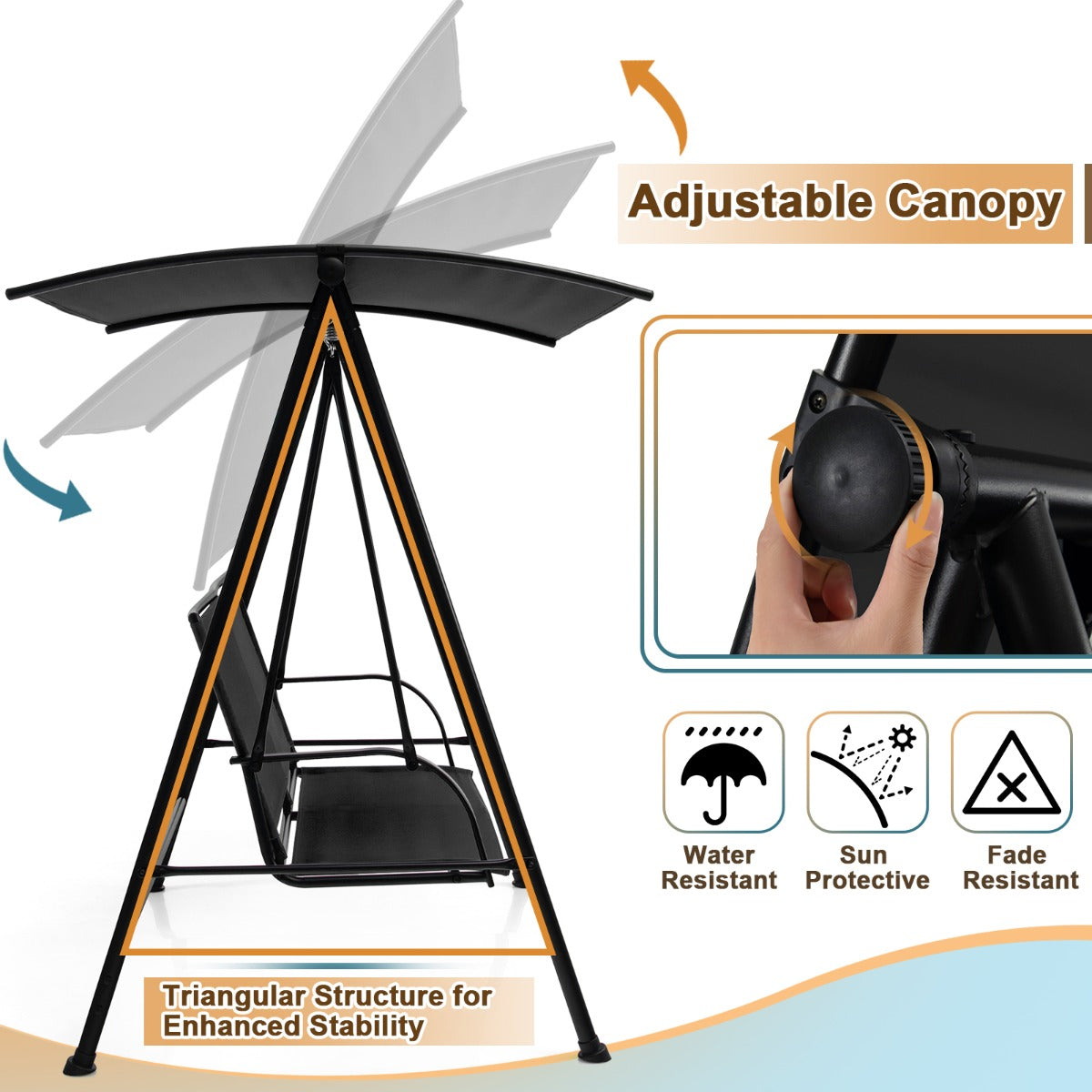 2-seat Outdoor Swing with Adjustable Canopy for Patio/Garden-Black