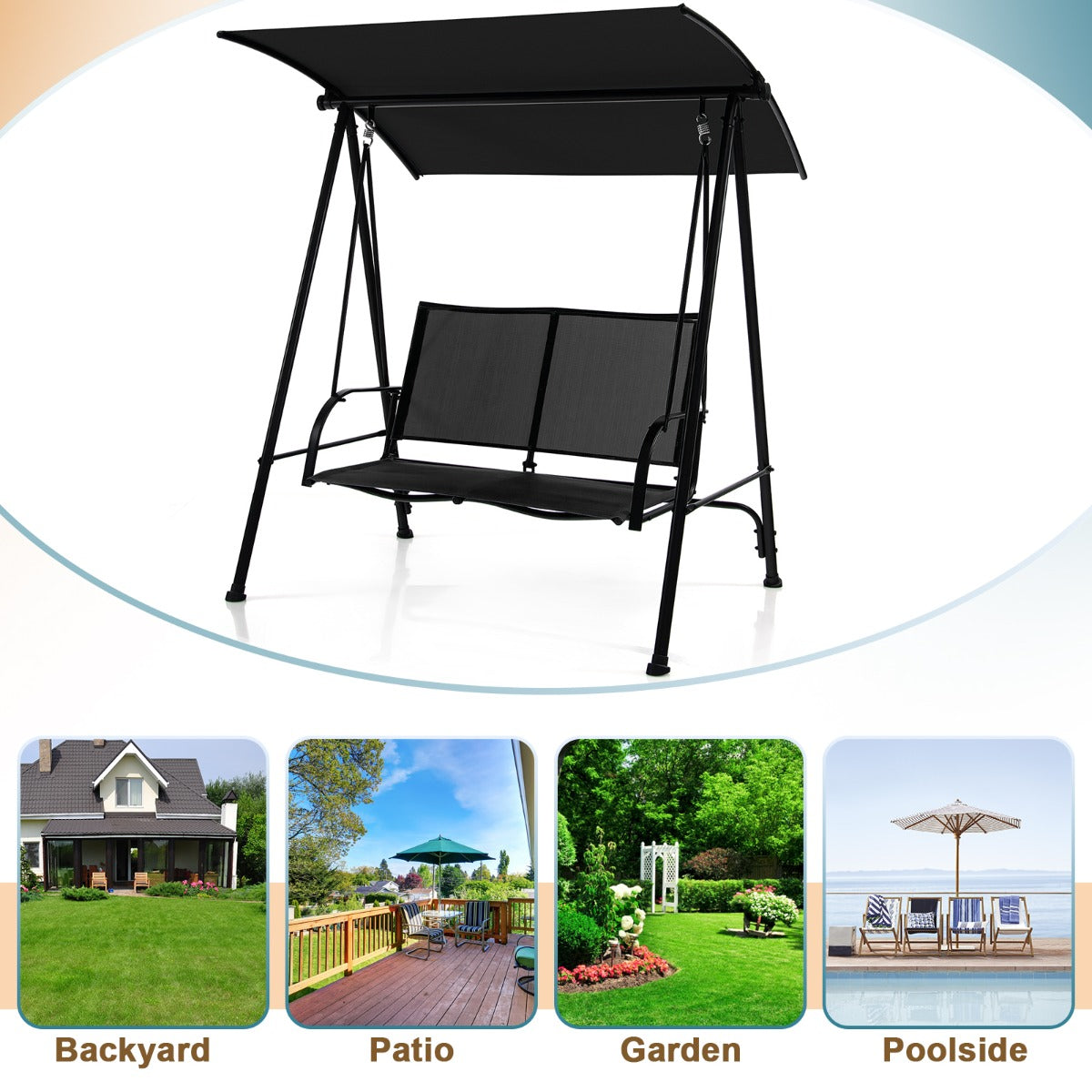 2-seat Outdoor Swing with Adjustable Canopy for Patio/Garden-Black