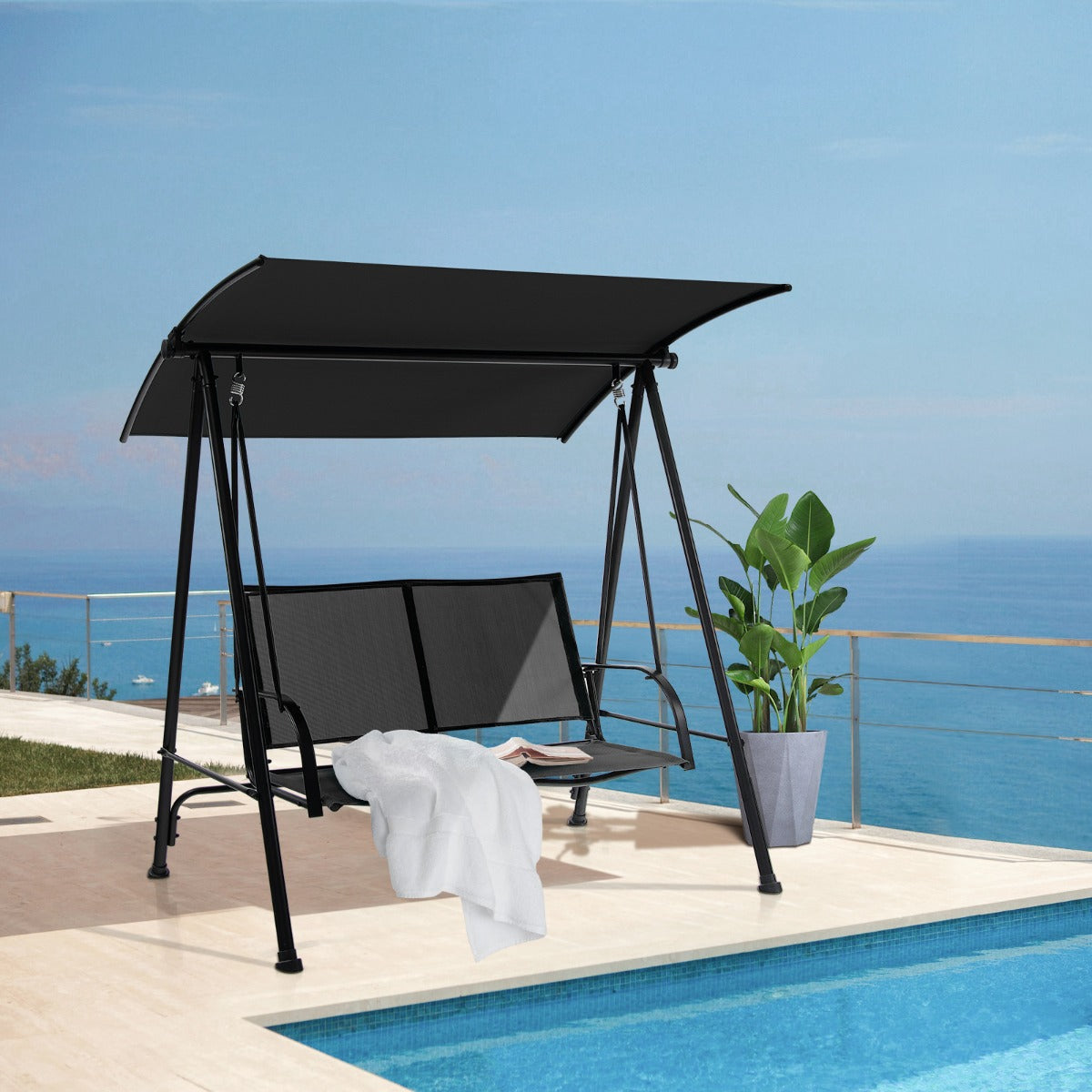 2-seat Outdoor Swing with Adjustable Canopy for Patio/Garden-Black