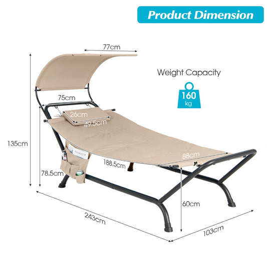 Outdoor hammock with canopy, padded cushion, removable pillow and sturdy metal stand supporting up to 160 kg