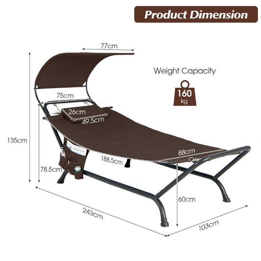 Outdoor hammock with canopy, padded cushion, removable pillow and sturdy metal stand supporting up to 160 kg