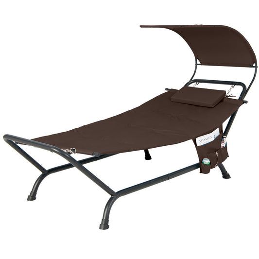 Freestanding patio hammock with sunshade canopy and wide bed for stretching out in comfort