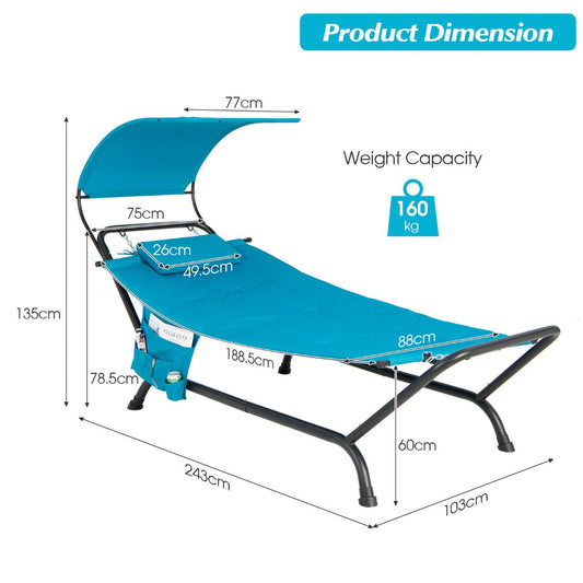 Outdoor hammock with canopy, padded cushion, removable pillow and sturdy metal stand supporting up to 160 kg