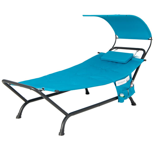 Freestanding patio hammock with sunshade canopy and wide bed for stretching out in comfort