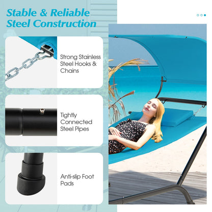 Waterproof sunproof hammock canopy protects against hot sunlight during garden and patio relaxation