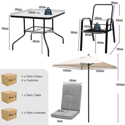 Six-piece patio dining set includes a tempered glass table, four cushioned chairs and umbrella